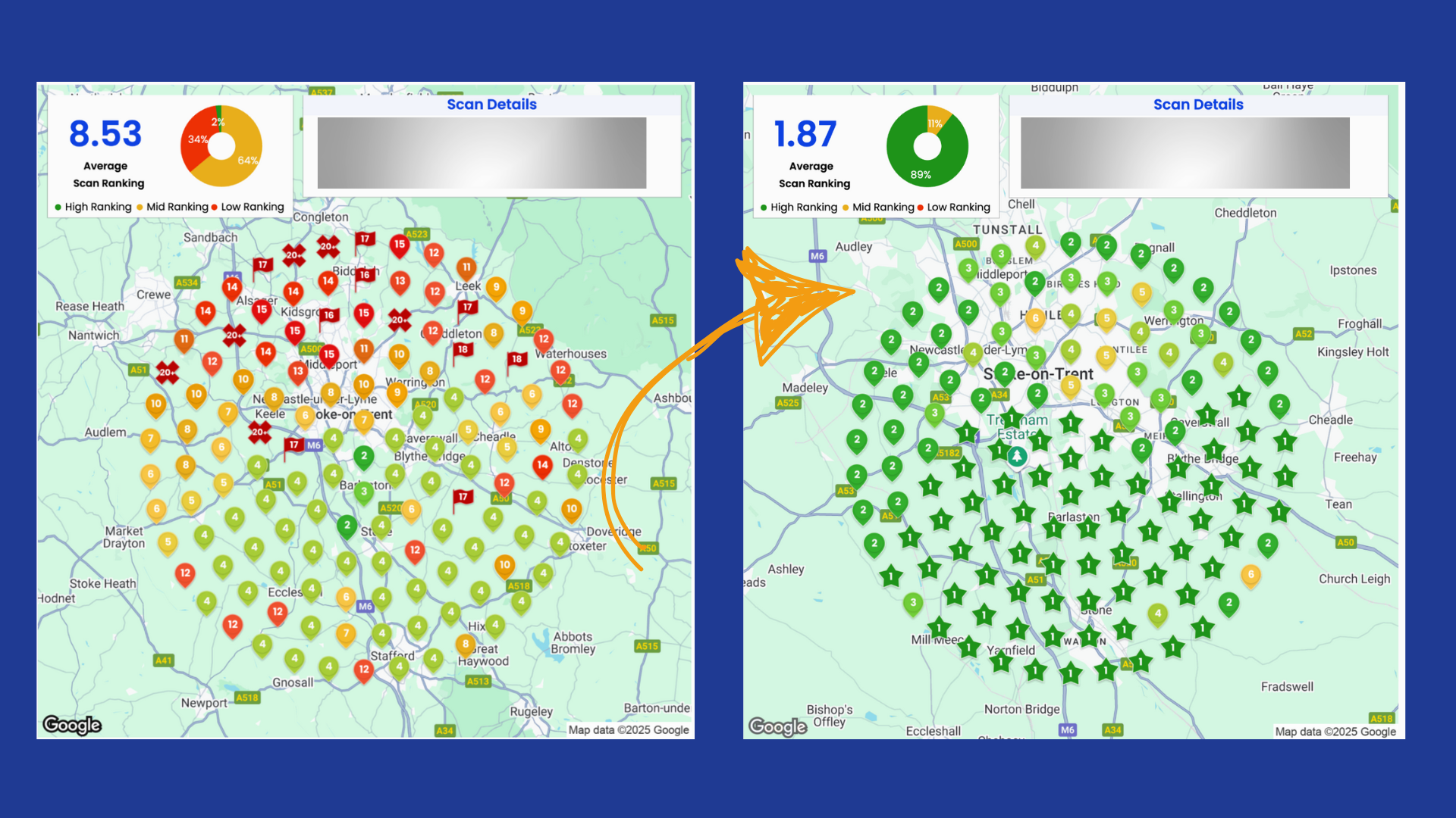 Before and after Google Maps rankings for Sixtowns Waste
